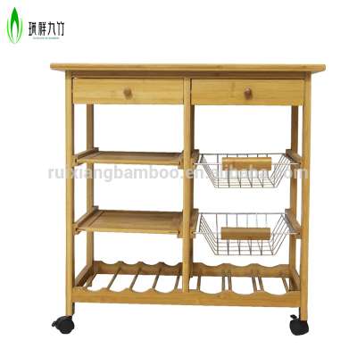 2017 new vegetable wooden bamboo kitchen trolley with two fruit basket