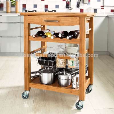 High Quality Eco-friendly Bamboo Kitchen Trolley With Four Wheels