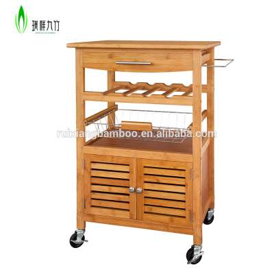 Bamboo wooden 1 wire basket 1 shelf kitchen trolley with wheels